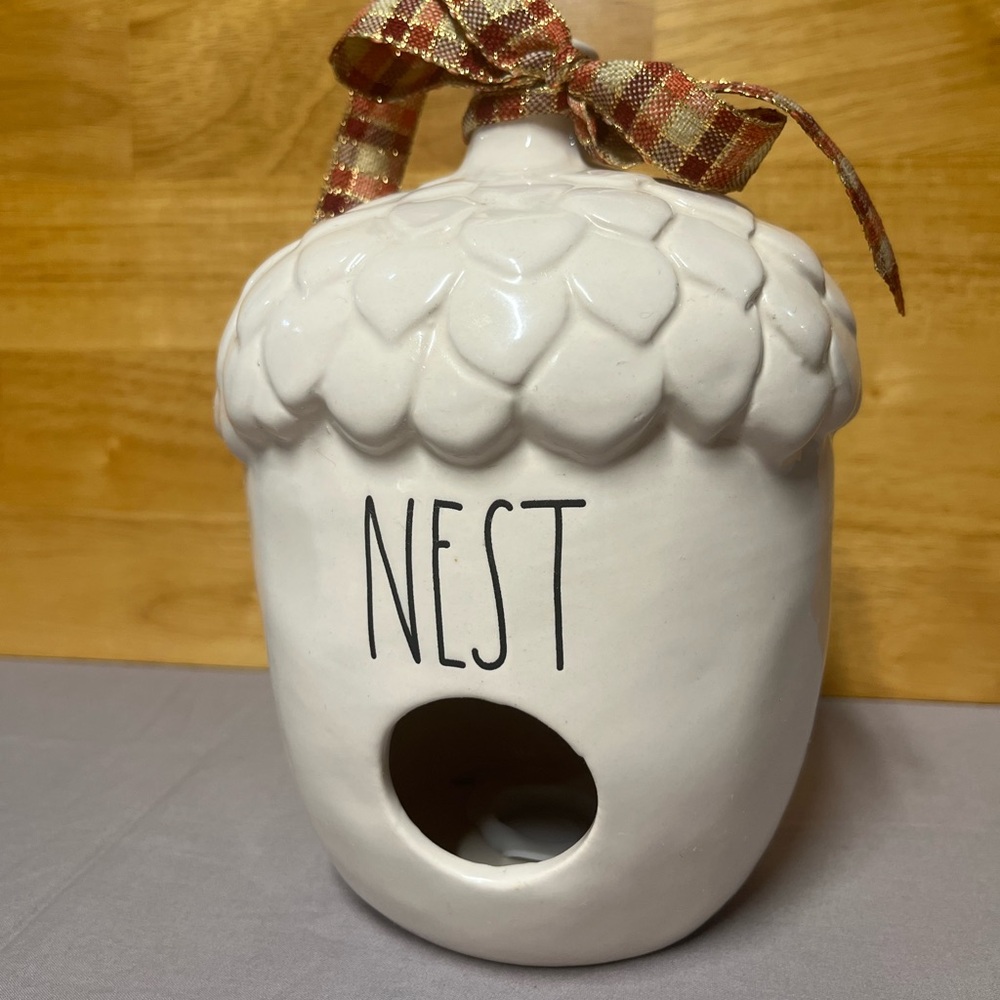 Rae Dunn White Acorn Birdhouse with Red Plaid Bow